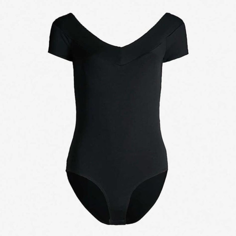MAJE Off the Shoulder Bodysuit Womens 1 Small Black Double V-neck Short Sleeve - Picture 15 of 15